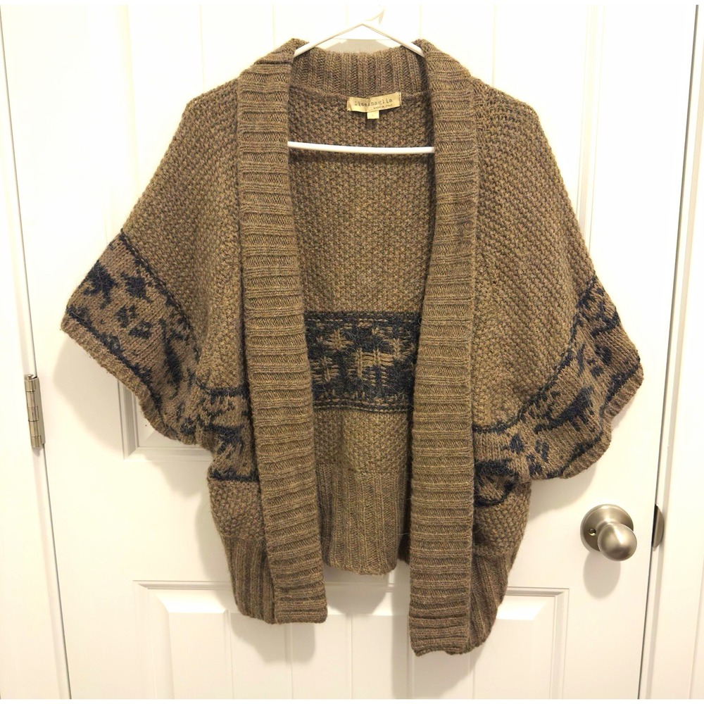 Linea Maslia Womens Fair Isle Open Front Knit Cardigan Sweater Brown Black S
